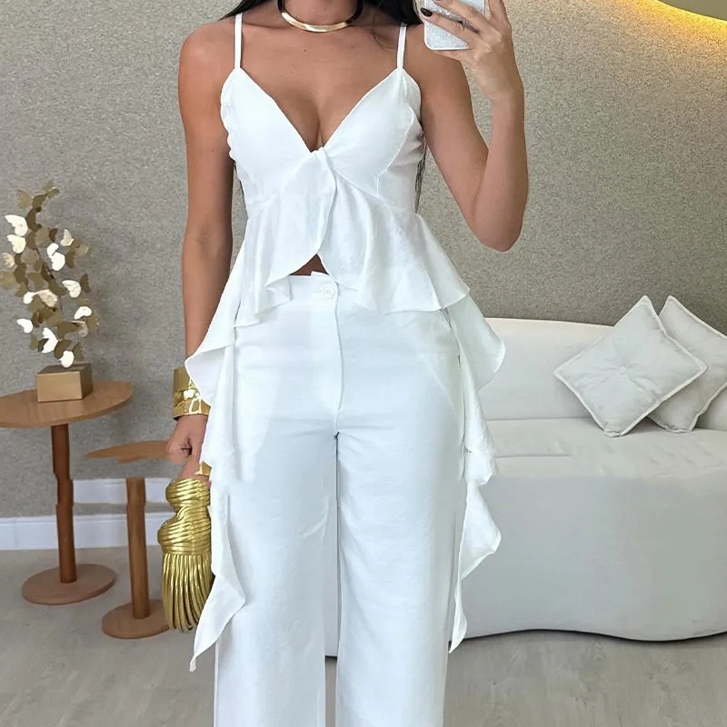 Solid Color Fashion V-neck Strap Straight-leg Pants Two-piece Set