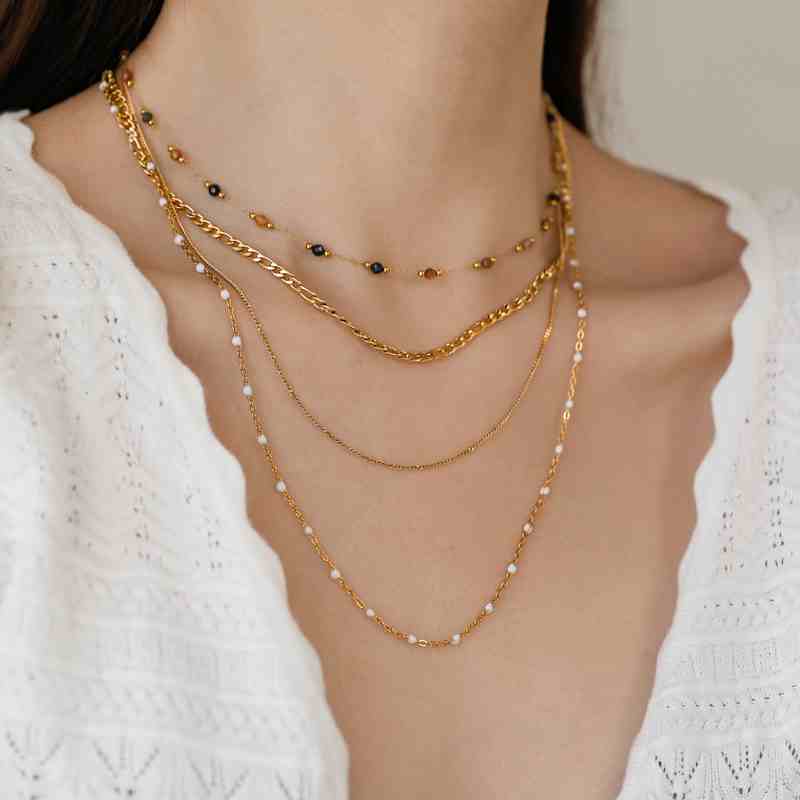 Retro Colorful Natural Stone Three-layer White Bead Necklace