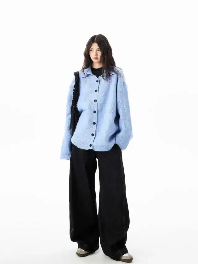 American Retro Blue Plaid Cardigan Sweater Blue - Shop at LoveMi