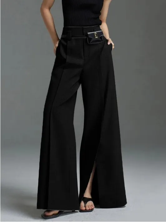 Casual Trousers Split Flared Pants Excluding Belt Waist Bag - Black