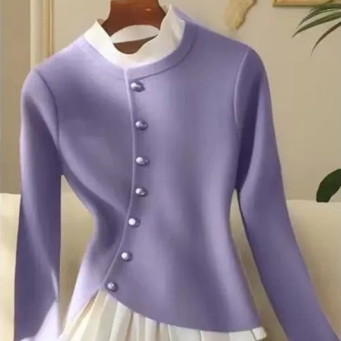 Fashion Temperamental Minority Pleated Skirt Hem Stitching Sweater Purple - Shop at LoveMi