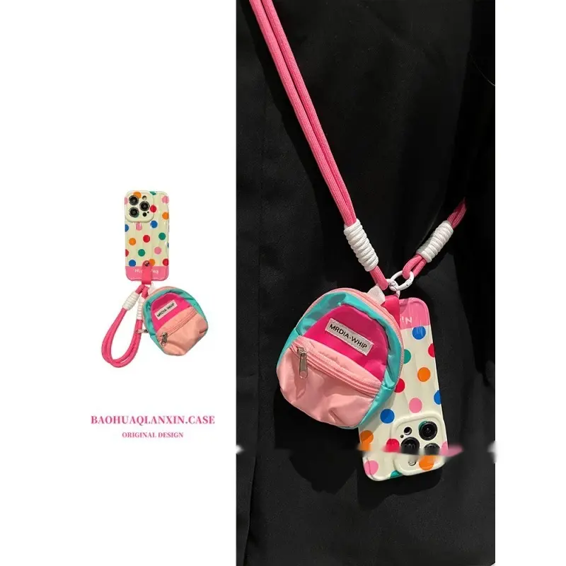 Color Polka Dot Small Bookbag Phone Case Carrying Strap Crossbody