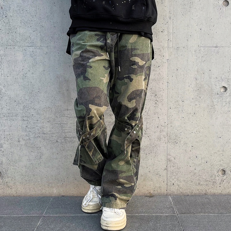 Detachable Straps For Distressed Camouflage Straight-leg Overalls