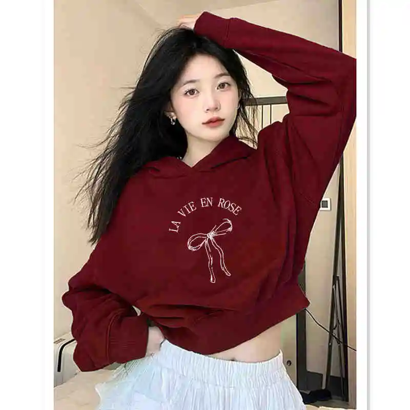 American Short Hood Wine Red Bow Sweater For Women - La Bow Thin