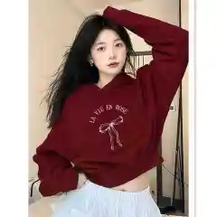 American Short Hood Wine Red Bow Sweater For Women - La Bow Thin - View 1