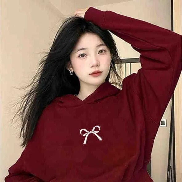 American Short Hood Wine Red Bow Sweater For Women - Wine