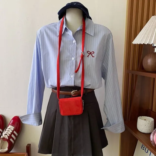 Women's Korean style Embroidered Long sleeved Shirt With Bow Blue - Shop at LoveMi