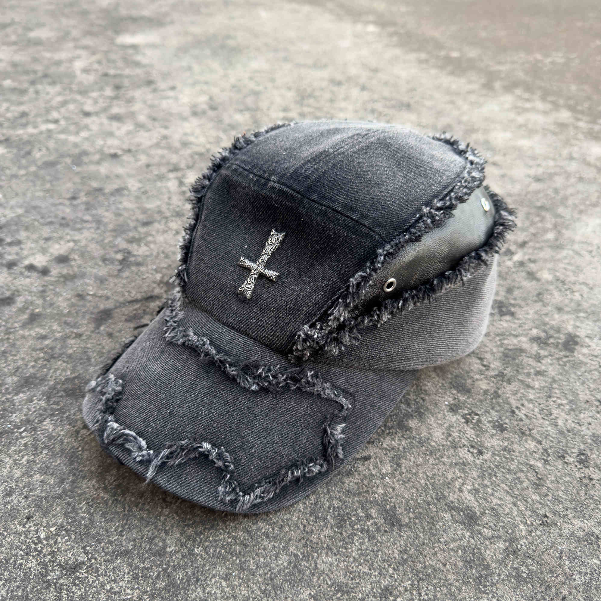 Washed Destroyed Leather Patchwork Denim Cross Baseball Cap