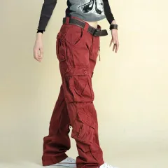 Womens Cargo Pants Hip Hop Trousers Loose Cargo Sweatpants - Wine - View 1