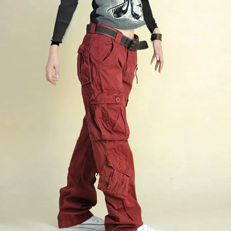 Womens Cargo Pants Hip Hop Trousers Loose Cargo Sweatpants - Wine