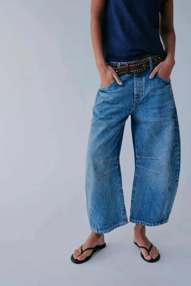 High Stretch Mid Rise Barrel Jeans Fashion Wide Leg Shape Women Casual Baggy Mid Waist Denim Jeans Blue - Shop at LoveMi