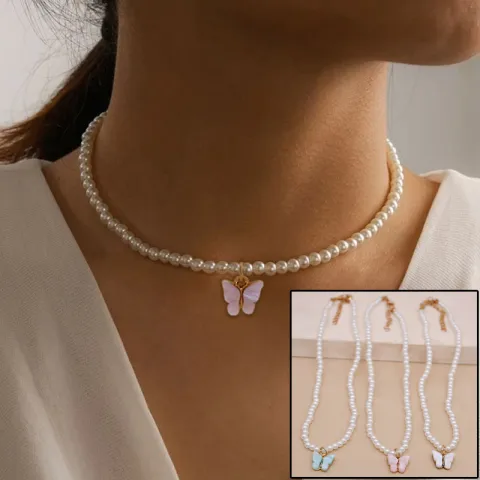 Elegant White Pearl Choker Necklace Small Round Wedding Butterfly