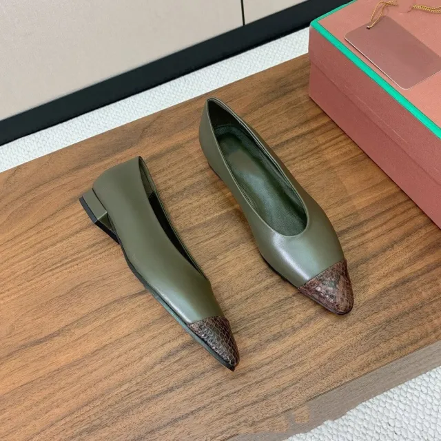 Color Matching Flat Bottom Pumps Retro Loafers One Pedal Shoes Olive - Shop at LoveMi