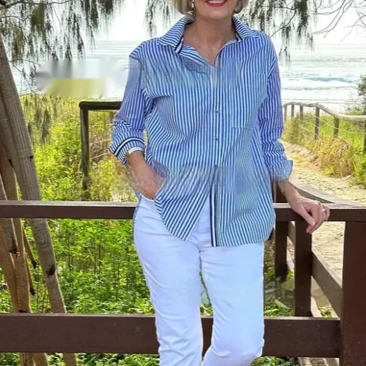 Temperament Commute Long Sleeve Striped Cardigan Women's Shirt Blue Stripes - Shop at LoveMi