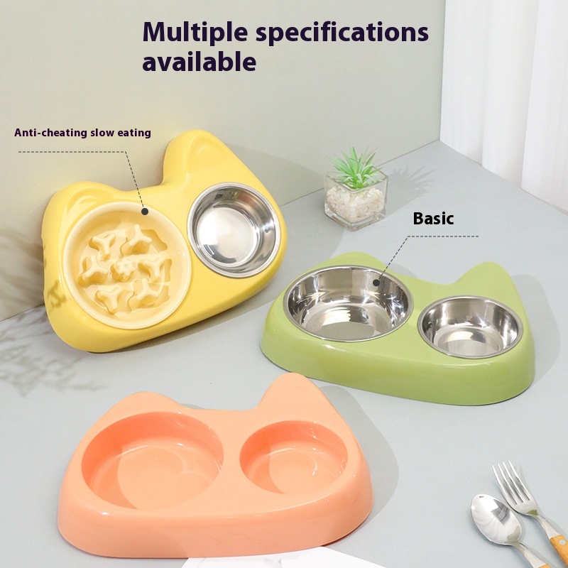 Cat Bowl Large And Small Eyes Slow Food Stainless Steel Two-in-one Pet Bowl