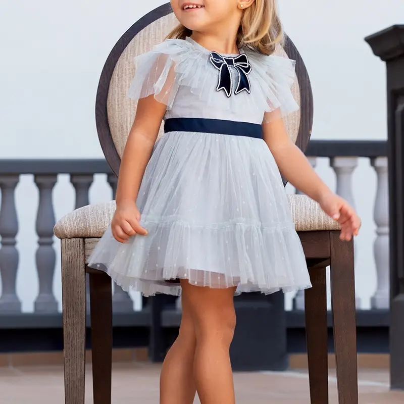 Girls Grey Blue Bow Tiepleated Skirt