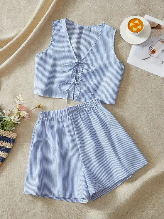 Elegant Striped Knit Tank Top And High Waist Loose Shorts Set For Women Blue - Shop at LoveMi
