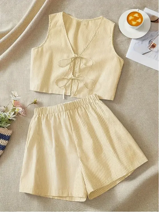 Elegant Striped Knit Tank Top And High Waist Loose Shorts Set For Women Yellow - Shop at LoveMi