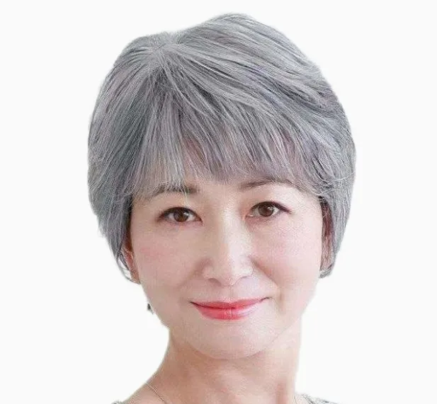 Women's Flower White Short Straight Top Old Flower White Mixed Human Hair Wigs - Style 2