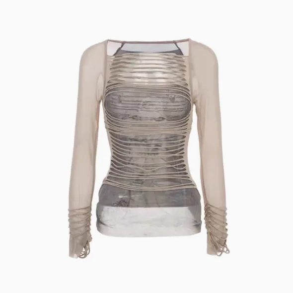 Waste Soil Style Y2g Retro Striped Long Sleeve T shirt Apricot - Shop at LoveMi