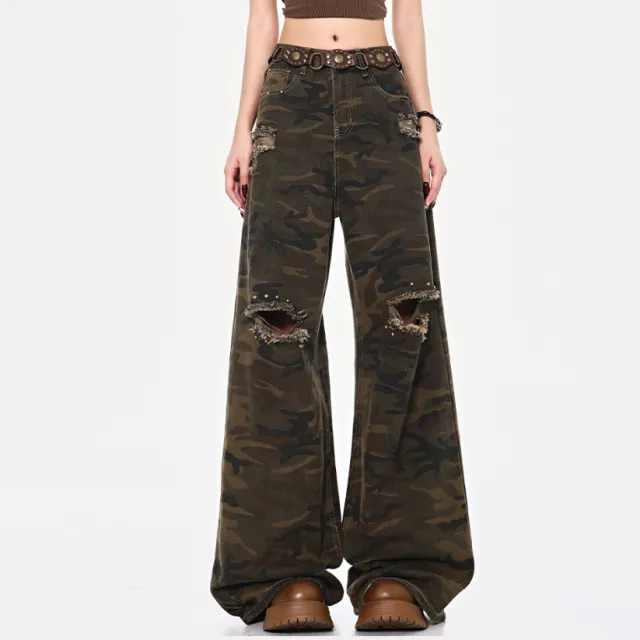 High Street Ripped Brushed Camouflage Jeans Camouflage Color S - Shop at LoveMi