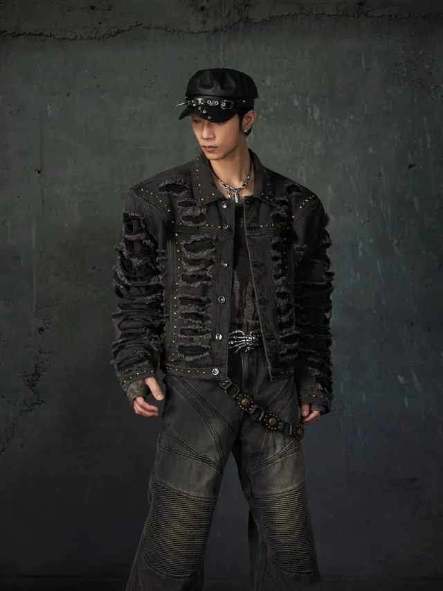 Double Layer Non hollow Damage Design Rivet Personality Padded Shoulder Denim Coat Jacket Black - Shop at LoveMi