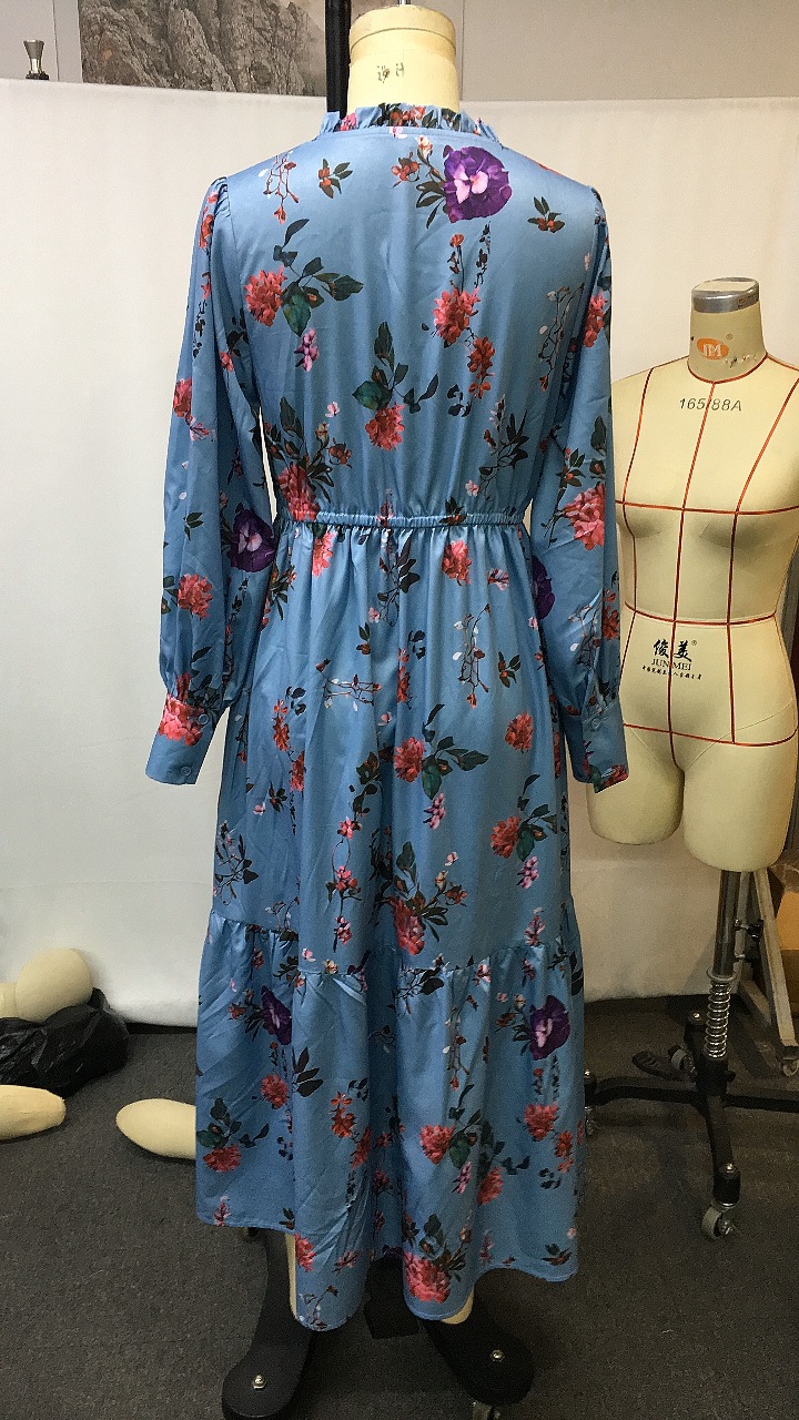 Autumn Retro V-neck Floral Women's Long-sleeved Dress