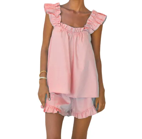 Women's Two-piece Sling Vest Pajamas Wooden Ear Shorts - Pink