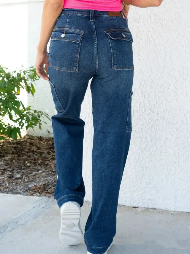 Multi Pocket Workwear High Waist Wide Leg Jeans Dark Blue - Shop at LoveMi