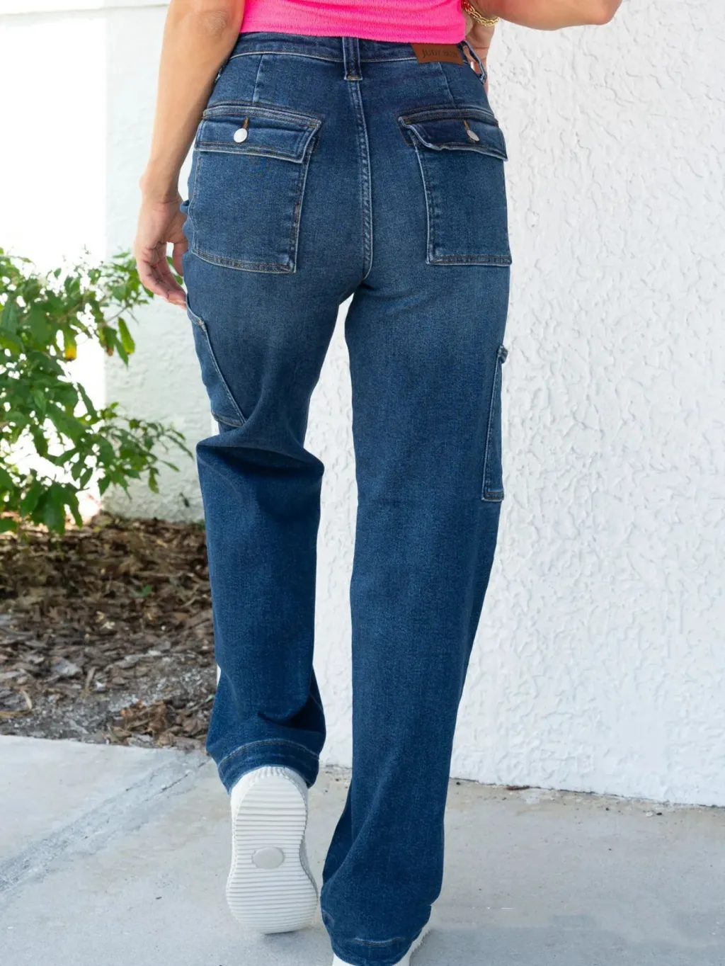 Multi-Pocket Workwear High Waist Wide Leg Jeans - Dark Blue