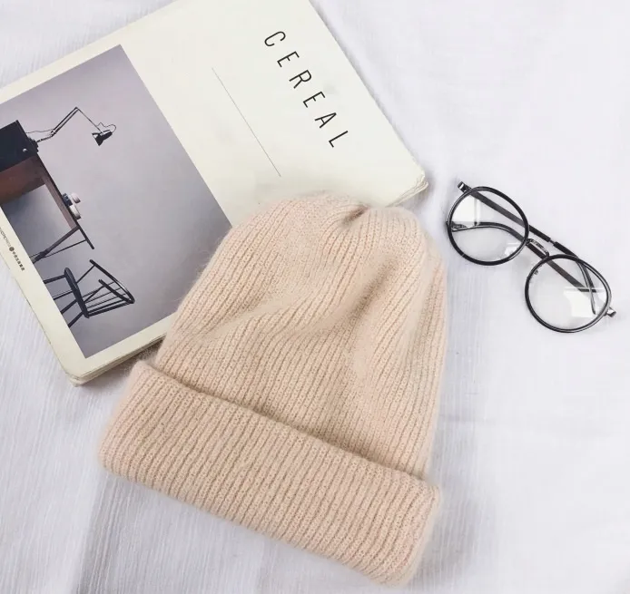 Autumn Winter Rabbit Hair Winter Skullies Hat - Khaki