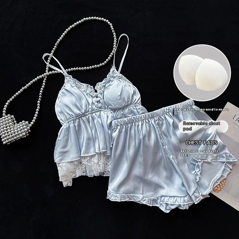 Small Sling Pajamas Women's Summer Thin Ice Silk Two-piece Suit - Sky Blue
