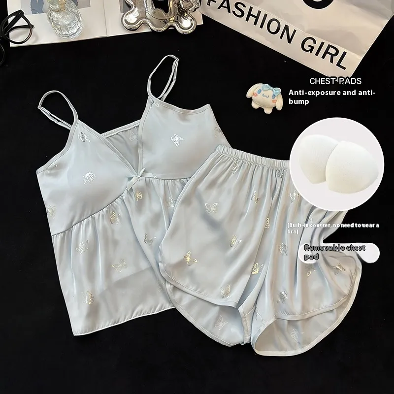 Small Sling Pajamas Women's Summer Thin Ice Silk Two-piece Suit - Blue