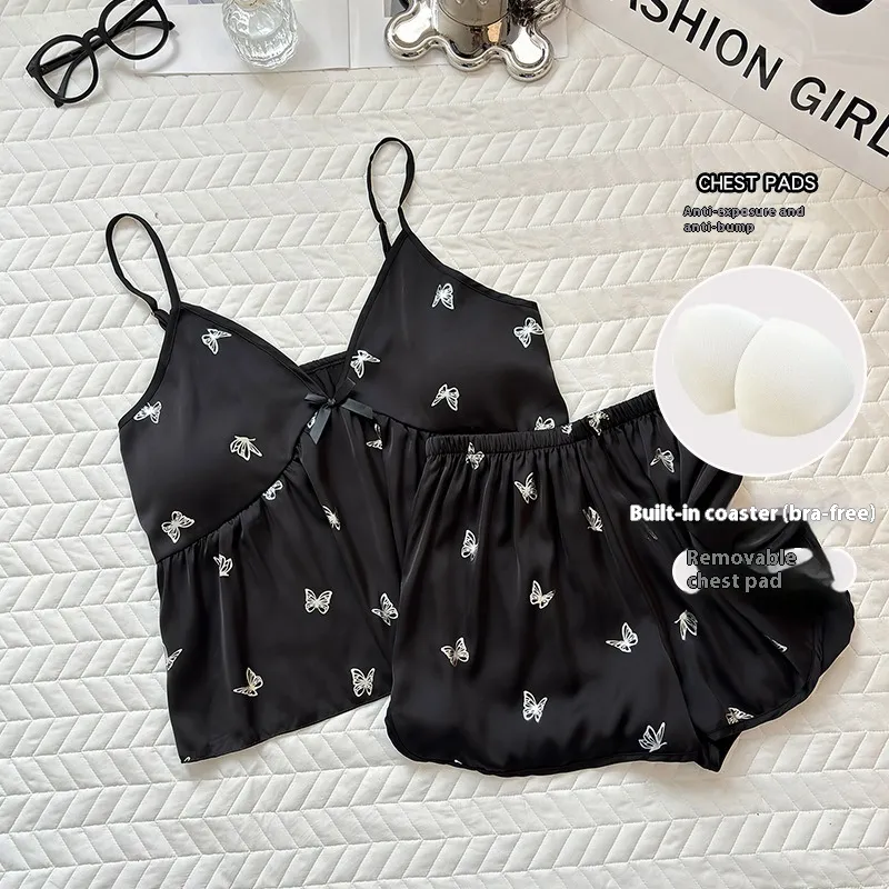 Small Sling Pajamas Women's Summer Thin Ice Silk Two-piece Suit - Black