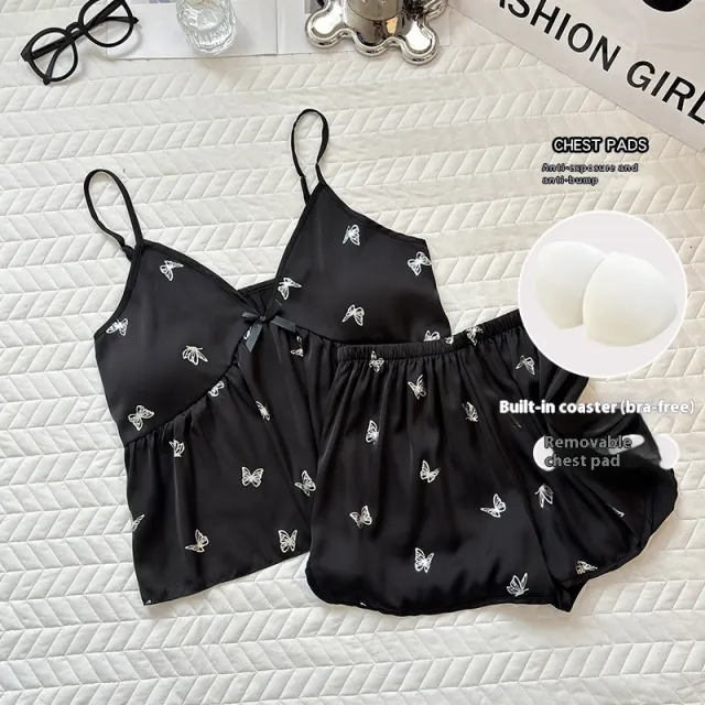 Small Sling Pajamas Women's Summer Thin Ice Silk Two piece Suit Black - Shop at LoveMi