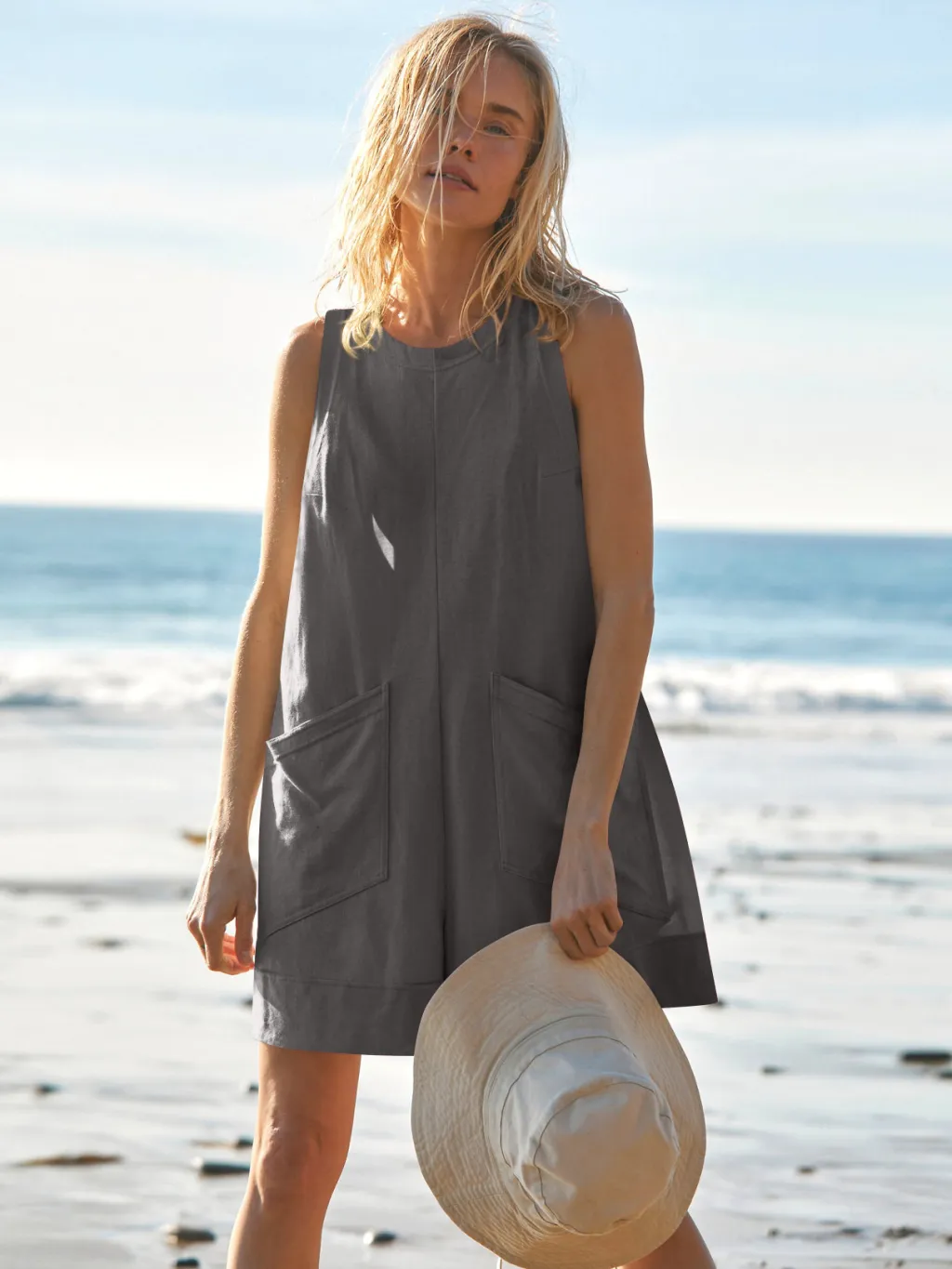 Women Sleeveless Shorts Jumpsuit With Pockets Fashion Beach Pants Summer Clothing - Dark Gray