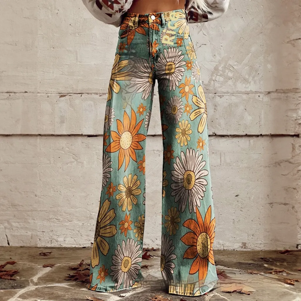 Foreign Trade Women's Casual Pants Imitation Jeans Wide Leg - Imitation Denim 8-M