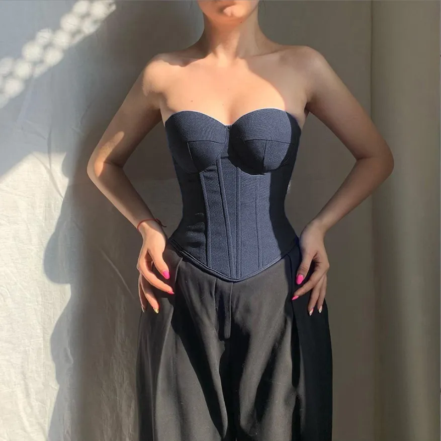 Y2K Denim Tube Vest Top With Back-tied Design INS Fashion Crop Corset Tank For Women Clothing - Blue