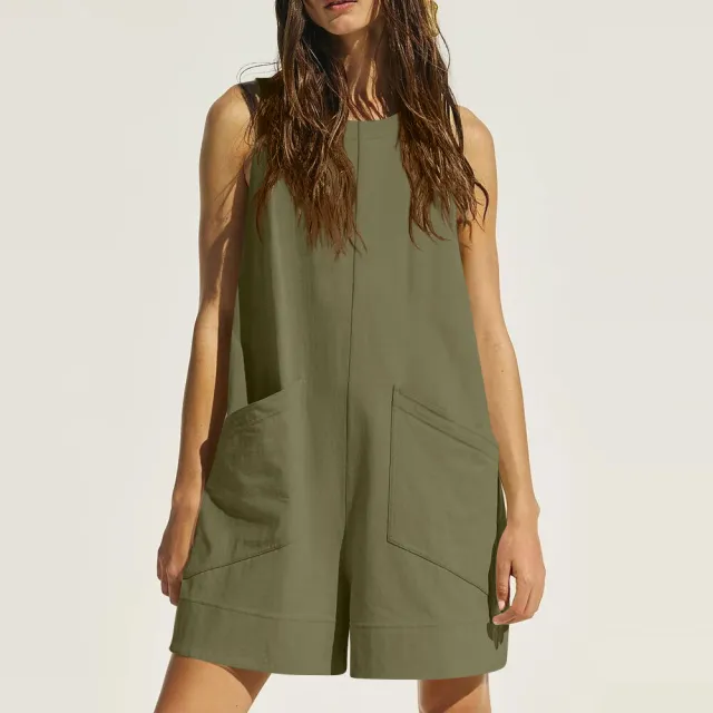 Women Sleeveless Shorts Jumpsuit With Pockets Fashion Beach Pants Summer Clothing Army Green - Shop at LoveMi
