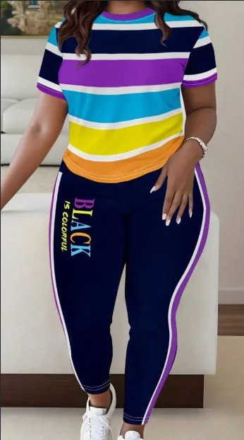 Women Fashionable Colorful Stripe Print T shirt And Pants Casual Set - Shop at LoveMi