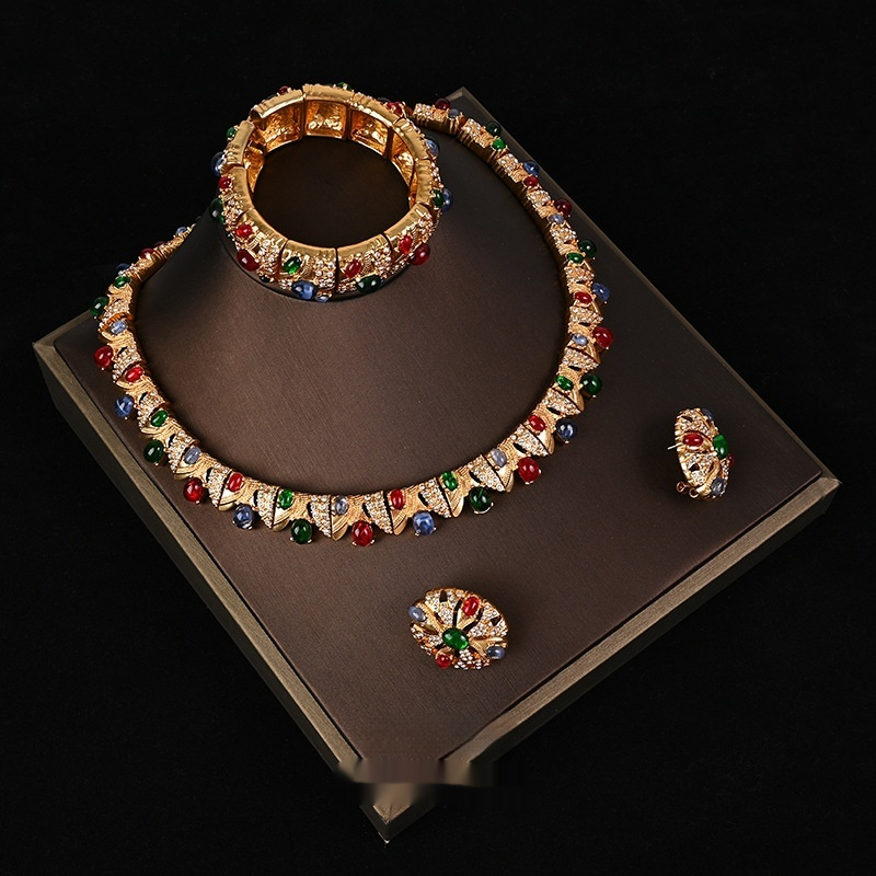 Mid-ancient Retro Color Necklace Earrings Bracelet Suit