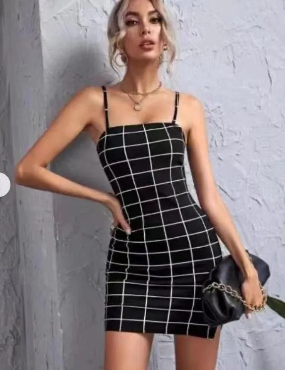 Retro Plaid Sexy Spaghetti Strap Bodycon Mini Dresses Women - Black