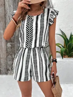 Female Strap Floral Print Ruffles Jumpsuit - Black Stripe - View 1