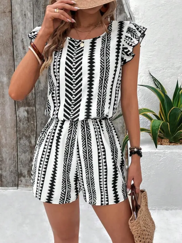 Female Strap Floral Print Ruffles Jumpsuit Black Stripe - Shop at LoveMi