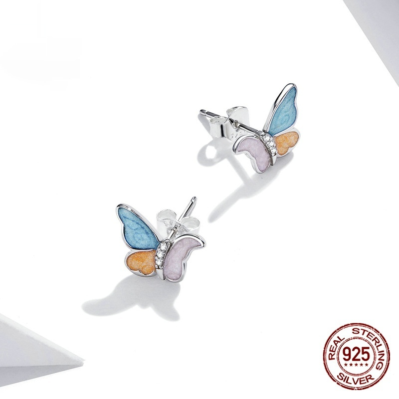 Butterfly Sterling Silver Earrings White Gold Plated Colorful Oil Necklace