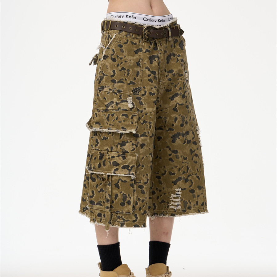 Retro Street Leopard Camouflage Workwear Denim Cropped Pants Leopard Color - Shop at LoveMi