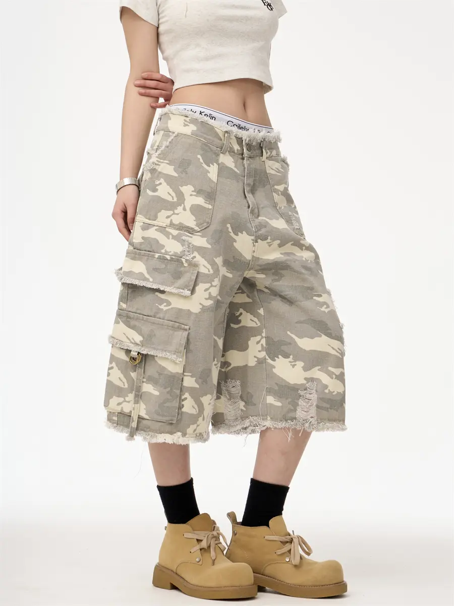 Retro Street Leopard Camouflage Workwear Denim Cropped Pants