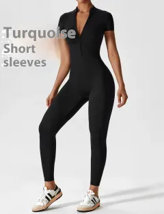 Zipper Long Sleeve Jumpsuit Yoga Fitness Training Pants Tight Hip Seamless Sports Jumpsuit For Women Clothing - Turquoise - View 1