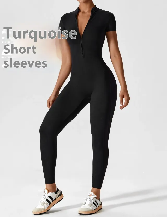 Zipper Long Sleeve Jumpsuit Yoga Fitness Training Pants Tight Hip Seamless Sports Jumpsuit For Women Clothing Turquoise L Short Sleeved Styl - Shop at LoveMi