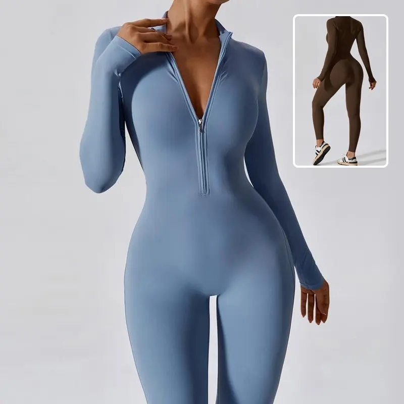 Zipper Long Sleeve Jumpsuit Yoga Fitness Training Pants Tight